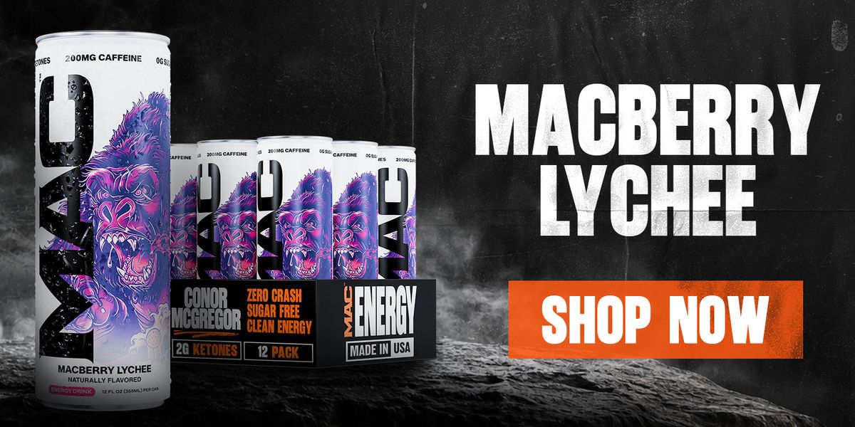 Mac Energy zero-sugar energy drink can lineup, MacBerry Lychee flavor