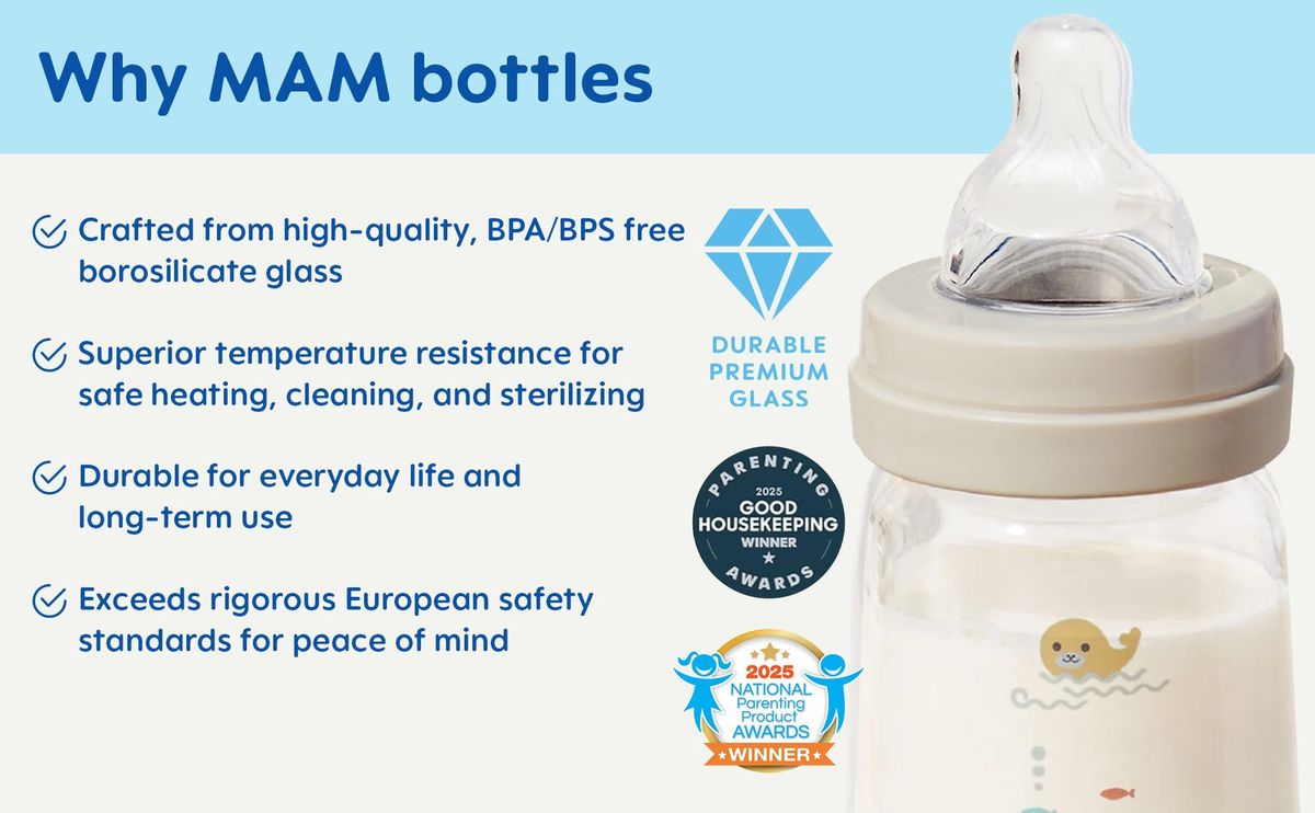 MAM Baby premium borosilicate glass baby bottle product shot