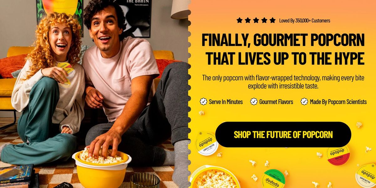 Opopop gourmet microwave popcorn brand hero, featuring the No Burn Guarantee packaging